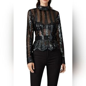 Derek Lam 10 Crosby Mock Neck Scalloped Sequin Long Sleeve Blouse Size 8